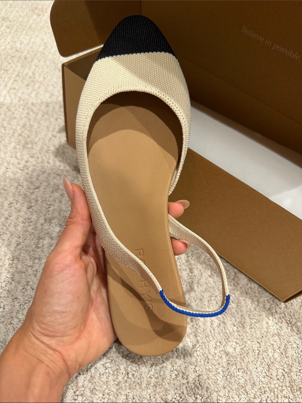Rothy's Cream Slingback Flats with Black Cap Toe and Blue Accent